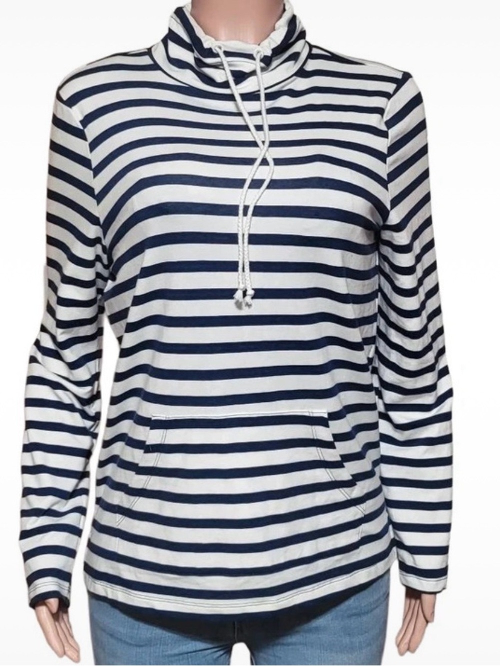 St. John's Bay Navy and White Striped long sleeve Drawstring funnel shirt S